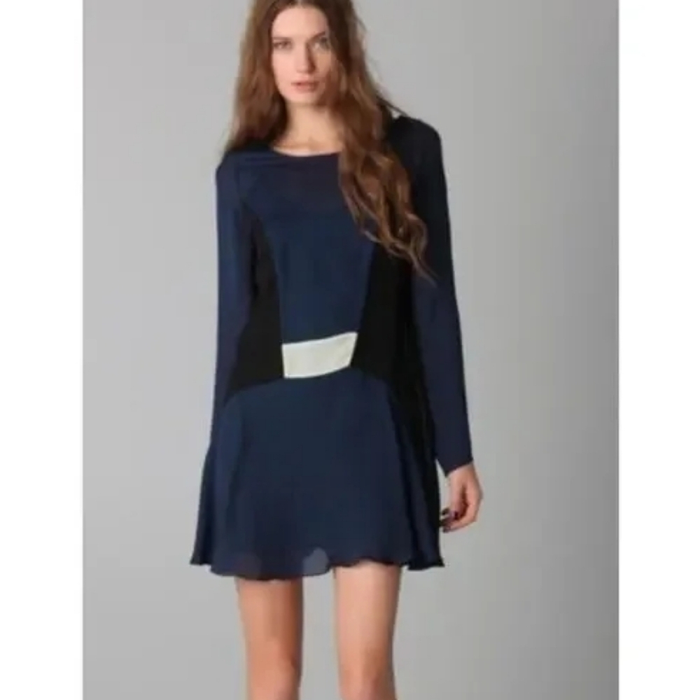 Elizabeth & James 100% Silk Colorblock Mini Dress Long Sleeve Blue Black Small S